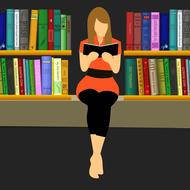 girl reading book at bookshelves, drawing