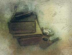 drawn stil life with pipe, clock and books