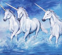 three unicorns run through water drawing