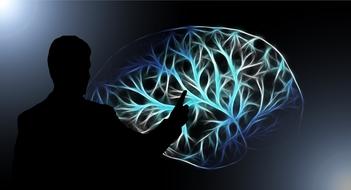 man pointing at shining brain, drawing