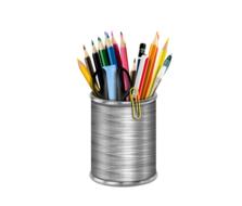 colored pencils in a metal cup