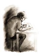man studying pencil drawing