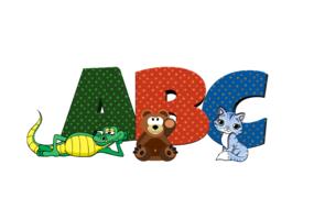 cartoon animals in front of a, b, c letters