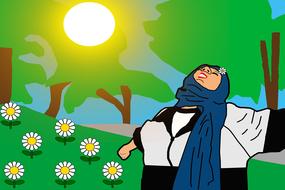 happy overweight muslim woman outdoor, drawing