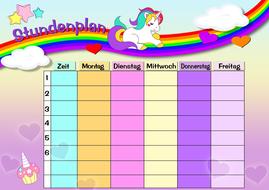 drawing of unicorn and rainbow design of timetable