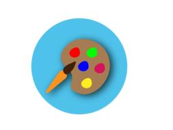 painted brush and palette of colors in a blue circle