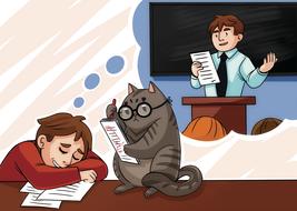 student sleeo and cat drawing