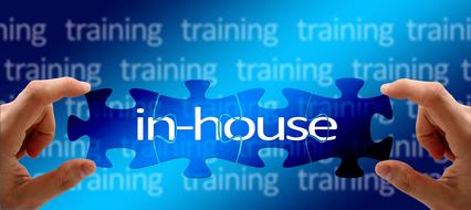 training in-house, puzzle pieces in male hands, collage
