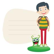 Drawing of the boy and green monster at background with the paper