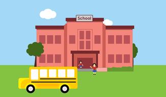school bus and school building drawing