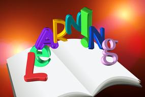 learning, colorful lettering over open book drawing