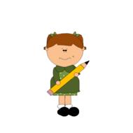 painted schoolgirl in a green dress with a pencil
