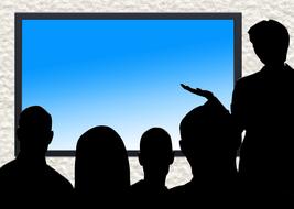auditory and speaker in front of blank screen, drawing