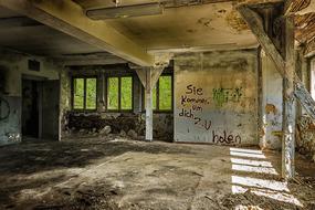 Lost Place, grunge interior with broken windows