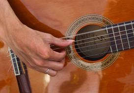 personâs hand on strings of acoustic guitar