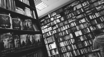 Books on Shelves in Library, black and white