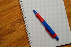 blue-red pen lies on a notebook