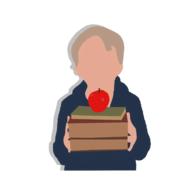 student silhouette with stack of books and red apple