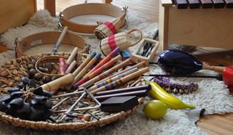 wooden music Instruments on floor, Early Education