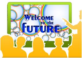 welcome to the future, banner on screen in front of people, drawing