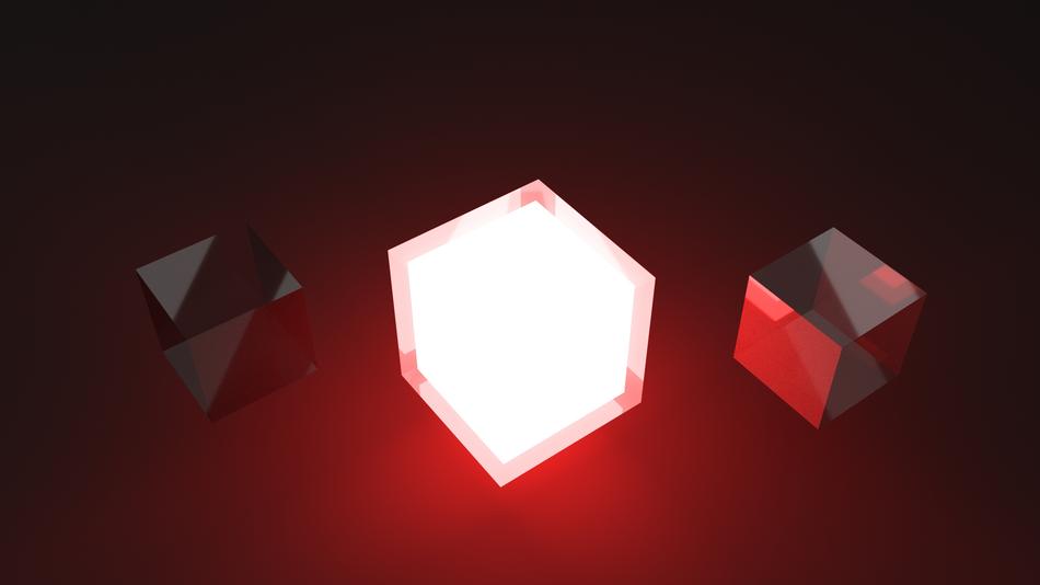 Glowing, red cube, among the two cubes, on red surface, clipart
