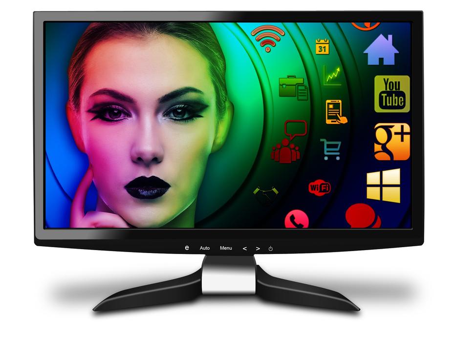 female face and web icons on monitor