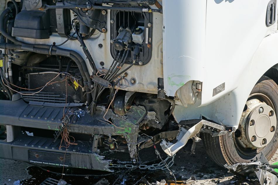 Close-up of the truck after crash test, in the light