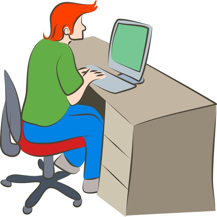 cartoon redhead man works with computer at desk