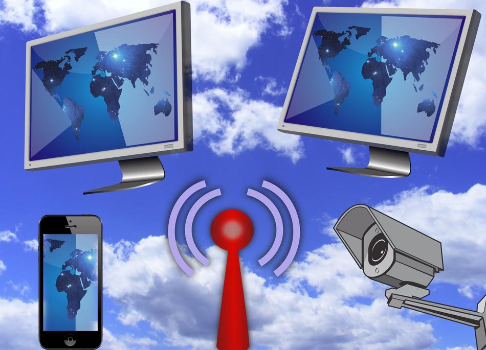 Models of the Wlan devices, at blue sky background with clouds, clipart