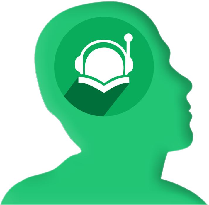 head profile with headphones and book