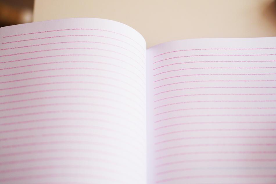 Close-up of the open notebook with red lines, in light