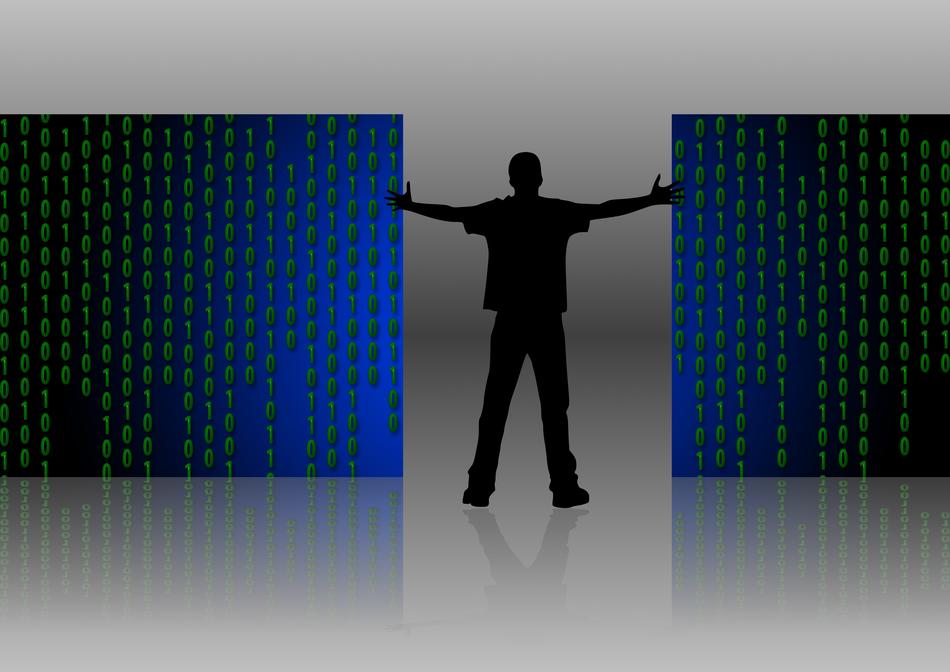 Black silhouette of the person, among the colorful shapes with binary code, clipart