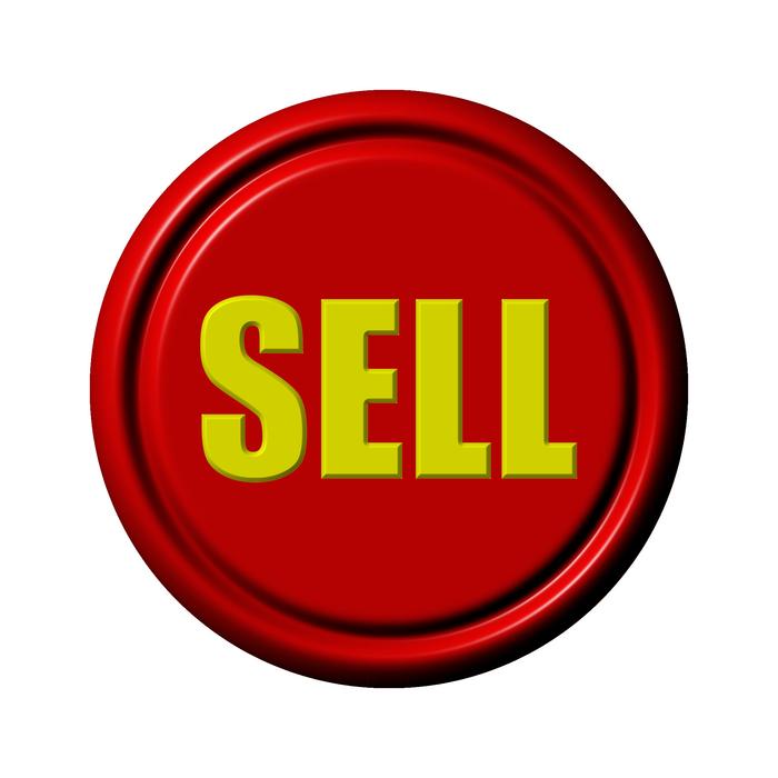 Yellow 'SELL' sign on the red circle, at white background, clipart