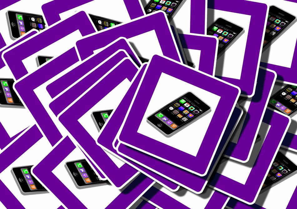 Smartphones with colorful icons, on the violet and white road signs, clipart