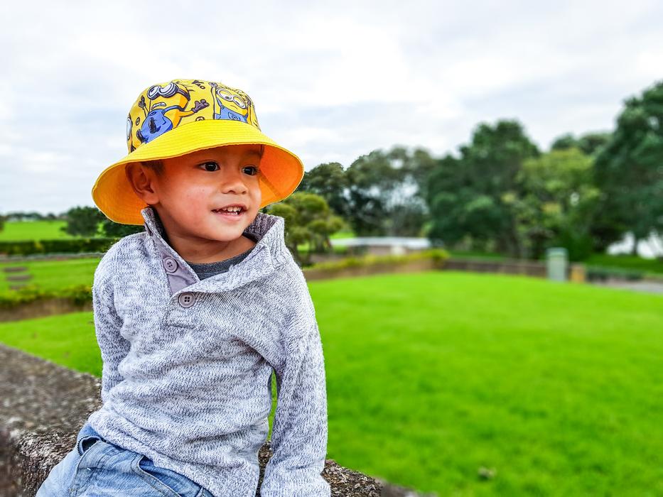 portrait of a little boy against the background of a green field