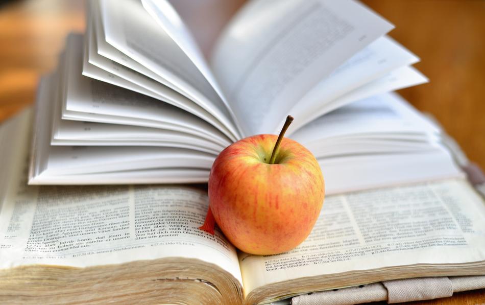 small Book and apple on big open book