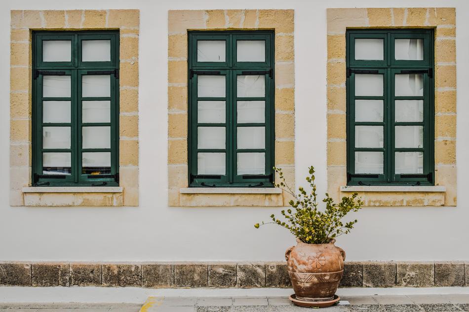 potted plant in front of a school building in Paralimni, Cyprus