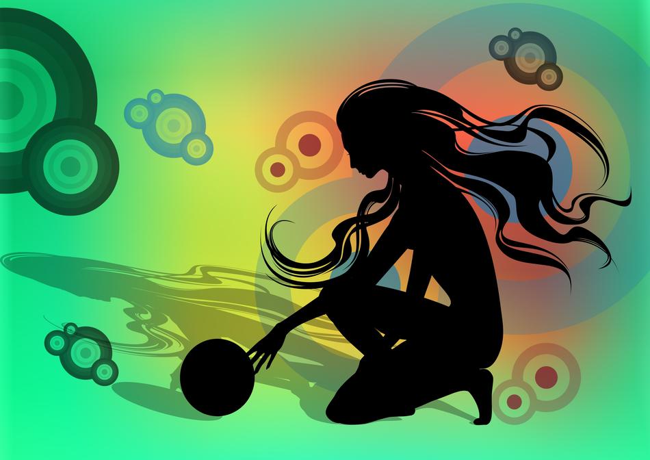 gymnastics, dark silhouette of girl with ball drawing