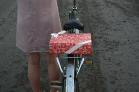 Girl, near the bicycle, with the beautiful, red and white gift, with the ribbon