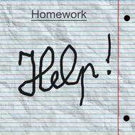 Black "Help!" sign on the homework paper, with the lines