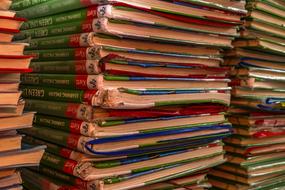 stacks of old school books close up