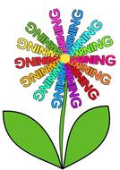 Growing flower with colorful "Learning" words and green leaves, on green stem, clipart