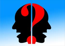 two black profiles and a red question mark