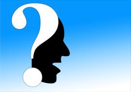 White question mark with black profile portrait silhouette of a man at blue and white, gradient background