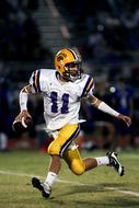 american football player in helmet runs across the field