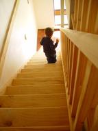 boy is walking down the wooden steps