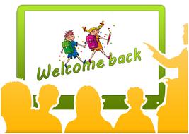 Yellow silhouettes of the people and colorful "Welcome Back" school postcard, clipart