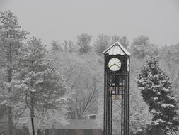 winter photo of a school head with a clock and a bell