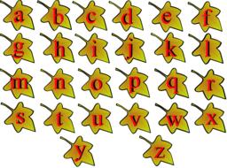 red alphabet letters on yellow leaves, drawing
