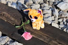 pink rose toy near the railroad